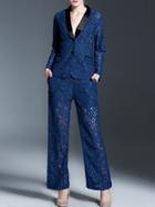 Shein Blue V Neck Blazer Lace Top With Pants