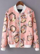 Shein Pink Stand Collar Floral Pockets Jacket