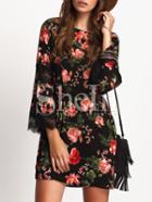 Shein Black Tie-waist Lace Panel Sleeve Dress