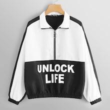 Shein Two Tone Letter Print Zip Half Placket Jacket