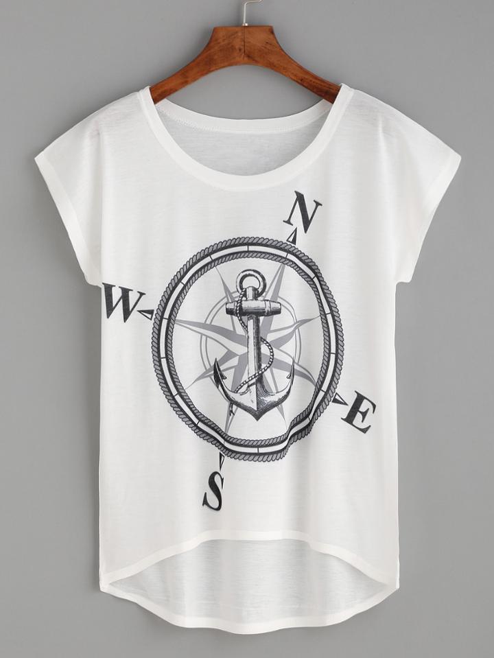 Shein White Compass And Anchor Print High Low T-shirt