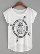 Shein White Compass And Anchor Print High Low T-shirt