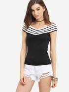 Shein Contrast Striped Boat Neck T-shirt - Black