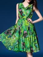 Shein Green V Neck Butterfly Print A-line Dress