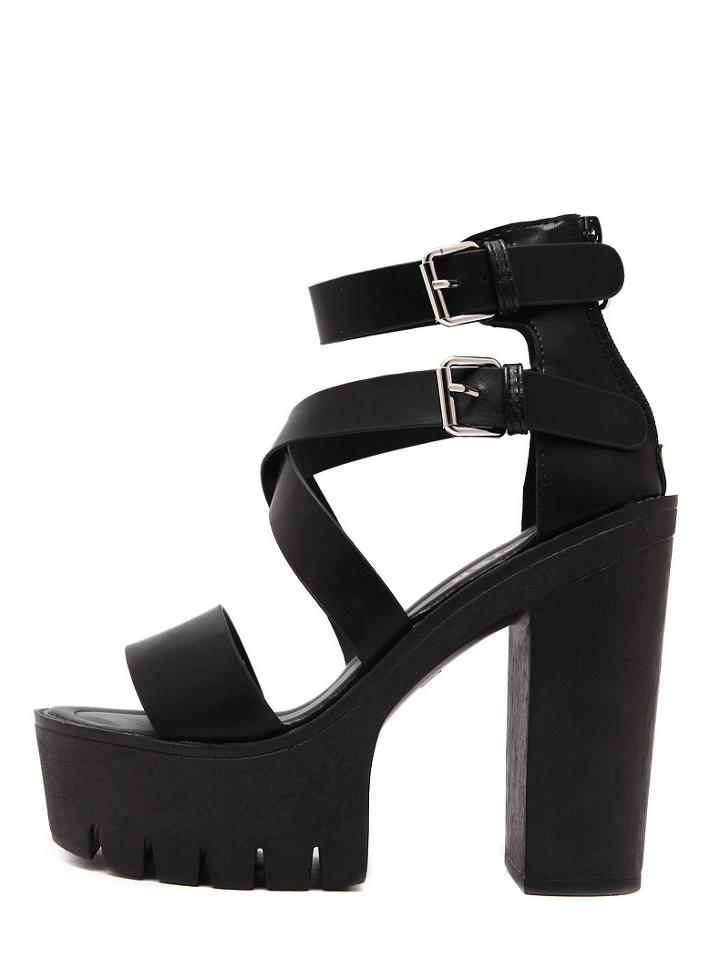 Shein Black Peep Toe Cutout Platform Chunky Pumps