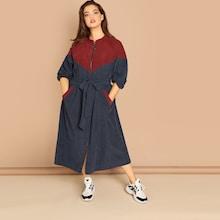 Shein Plus O-ring Zip Up Tie Waist Colorblock Coat
