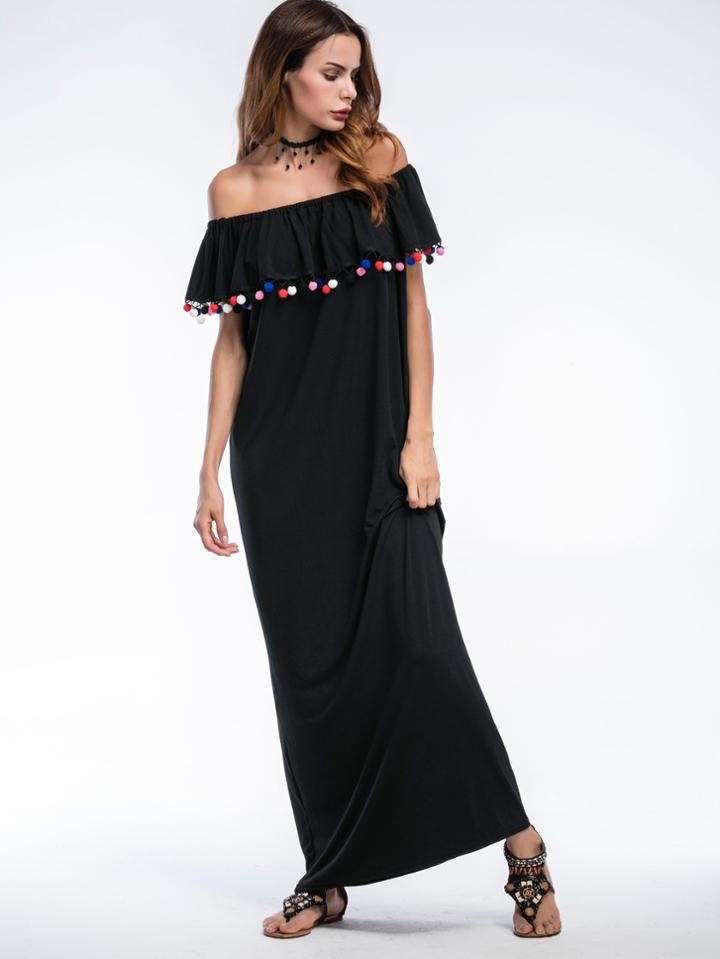 Shein Flounce Layered Neckline Pom Pom Trim Full Length Dress
