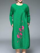 Shein Green Crew Neck Flowers Print Pockets Vintage Dress