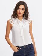 Shein Guipure Lace Applique Tied Neck Top