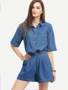 Shein Loose-fit Short Sleeve Denim Shirt With Shorts