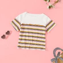 Shein Girls Cut And Sew Frilled Stripe Knit Tee