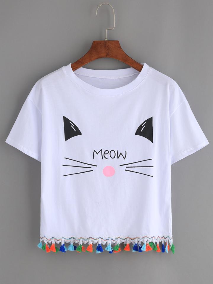 Shein White Cat Print Tassel Trim T-shirt