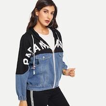 Shein Letter Print Colorblock Denim Hooded Jacket