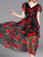 Shein Black V Neck Flowers Applique Dress