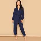 Shein Surplice Wrap Plunging Belted Jumpsuit