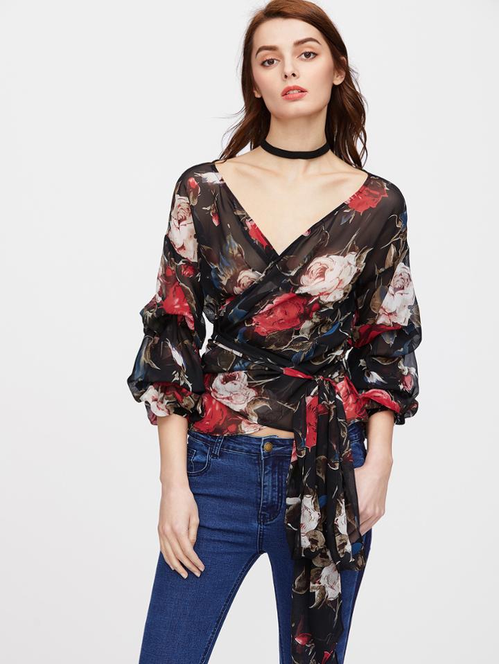 Shein Bishop Sleeve Flower Print Surplice Wrap Top