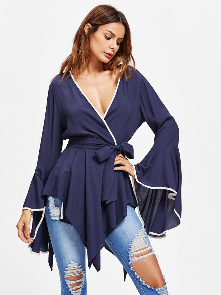 Shein Contrast Binding Drama Sleeve Hanky Hem Wrap Top