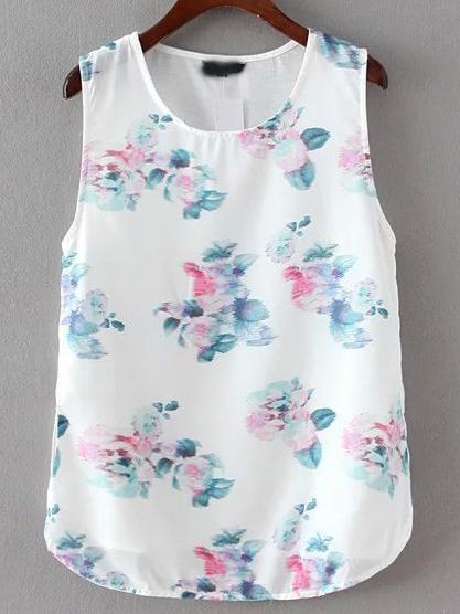 Shein White Crew Neck Floral Chiffon Tank Top