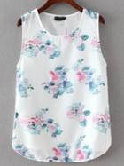 Shein White Crew Neck Floral Chiffon Tank Top