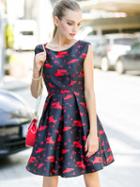 Shein Black Round Neck Sleeveless Backless Fishs Print Dress