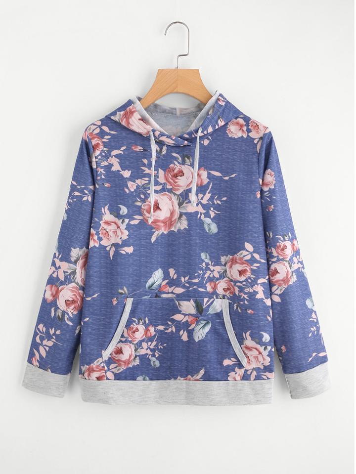 Shein Kangaroo Pocket Front Floral Hoodie