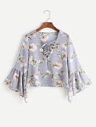 Shein Flower Print Lace Up Fluted Sleeve Blouse