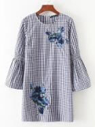 Shein Bell Sleeve Flower Embroidery Gingham Dress