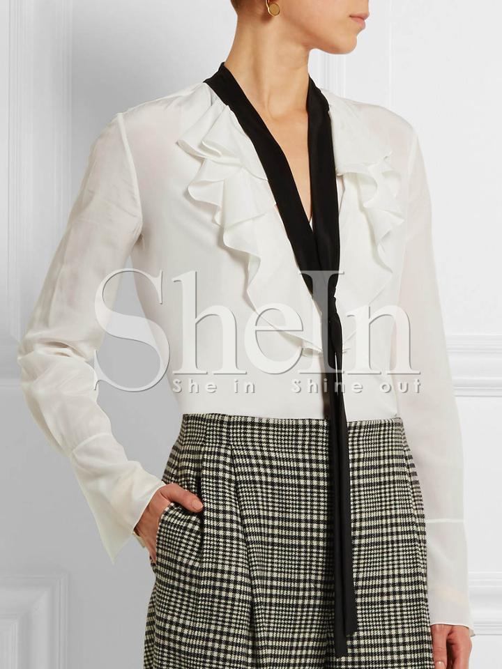 Shein White Long Sleeve Ruffle Blouse
