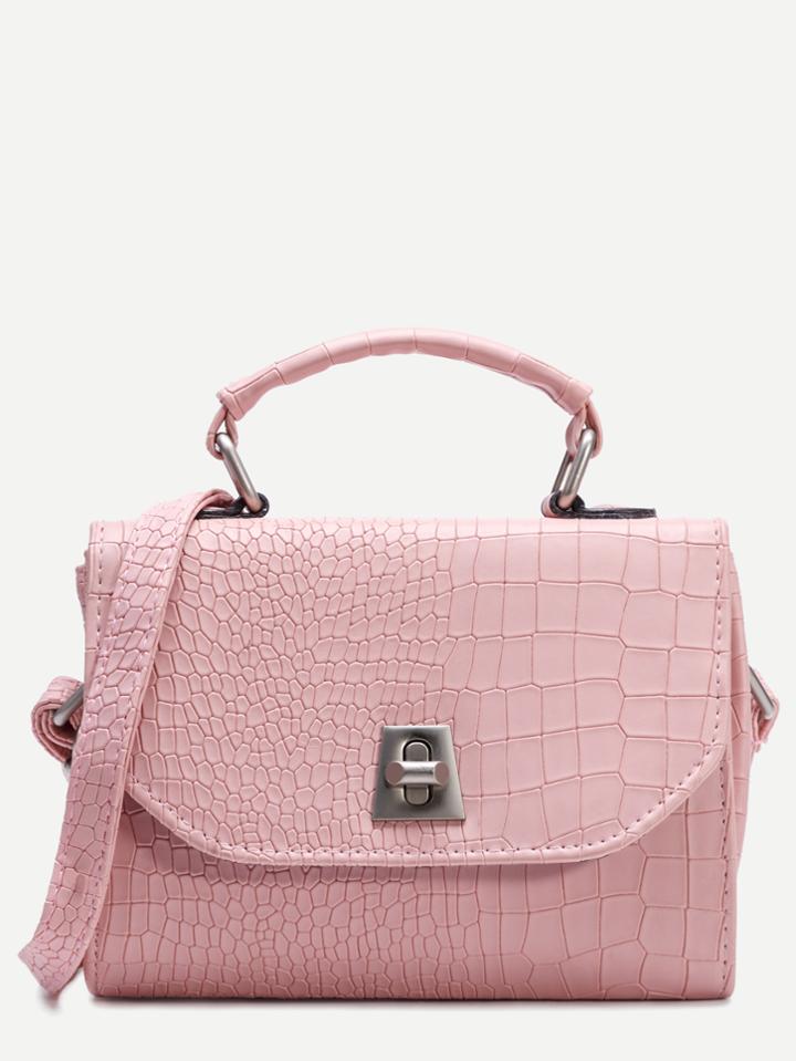 Shein Pink Pu Crocodile Embossed Flap Shoulder Bag