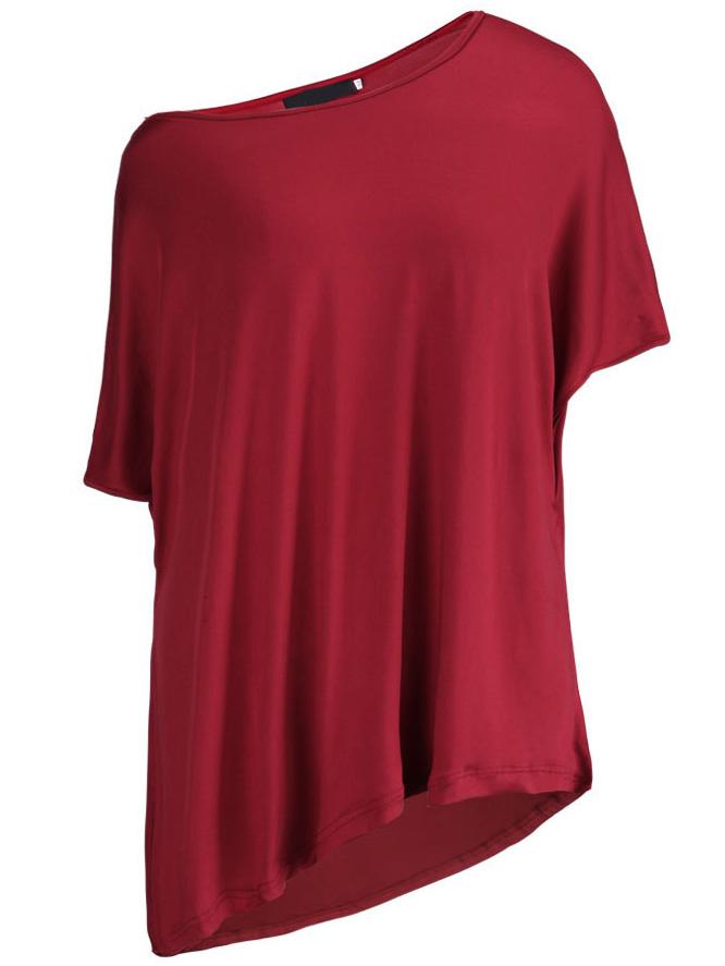 Shein Wine Red Oblique Shoulder Asymmetrical T-shirt