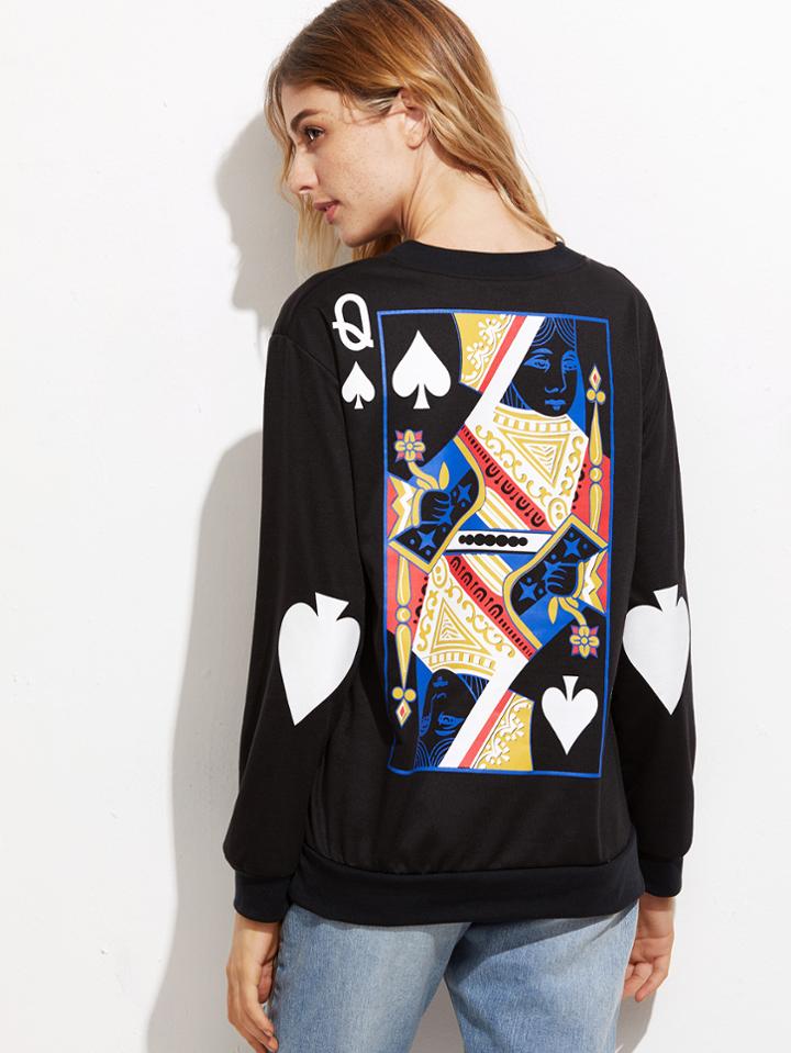 Shein Black The Queen Of Spades Print Sweatshirt