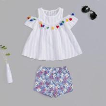Shein Girls Fringe Cold Shoulder Top With Floral Print Shorts