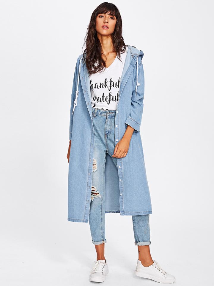 Shein Drop Shoulder Longline Hooded Denim Coat