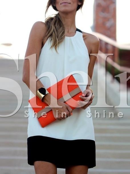 Shein Beige Black Contrast Sleeveless Shift Dress