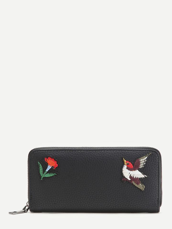 Shein Black Bird Embroidery Textured Wallet