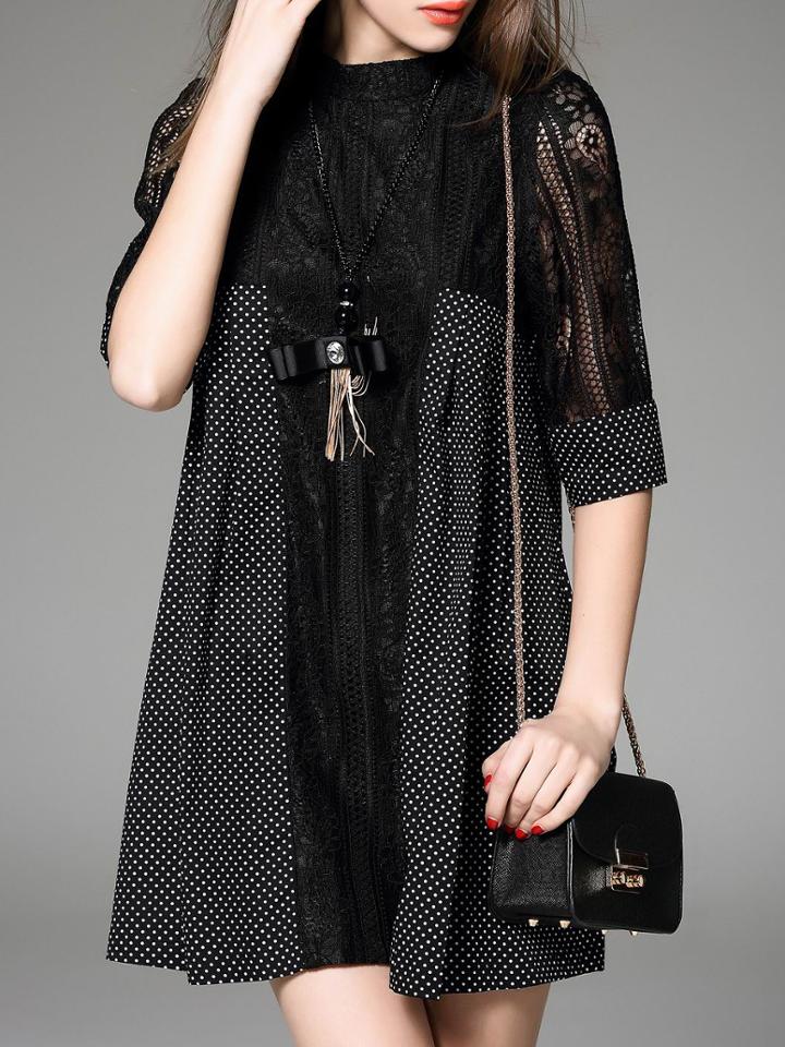 Shein Black Necklace Polka Dot Contrast Lace Dress