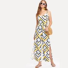 Shein Geo Print Split Side Tie Waist Jumpsuit