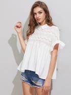 Shein Eyelet Embroidered Yoke Frill Sleeve Tie Back Smock Top