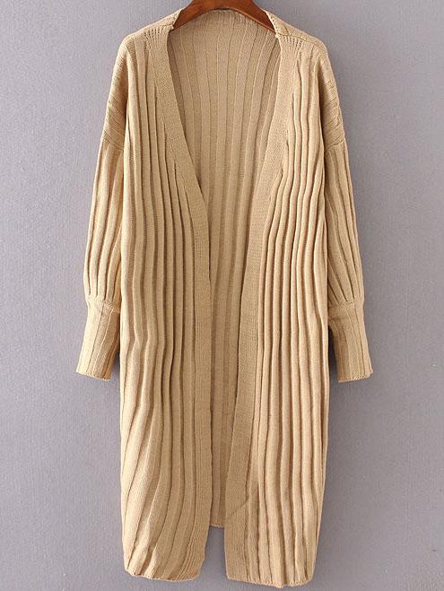 Shein Khaki Ribbed Collarless Drop Shoulder Long Cardigan