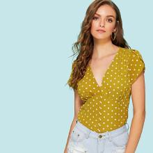 Shein Petal Sleeve Polka Dot Pleated Top
