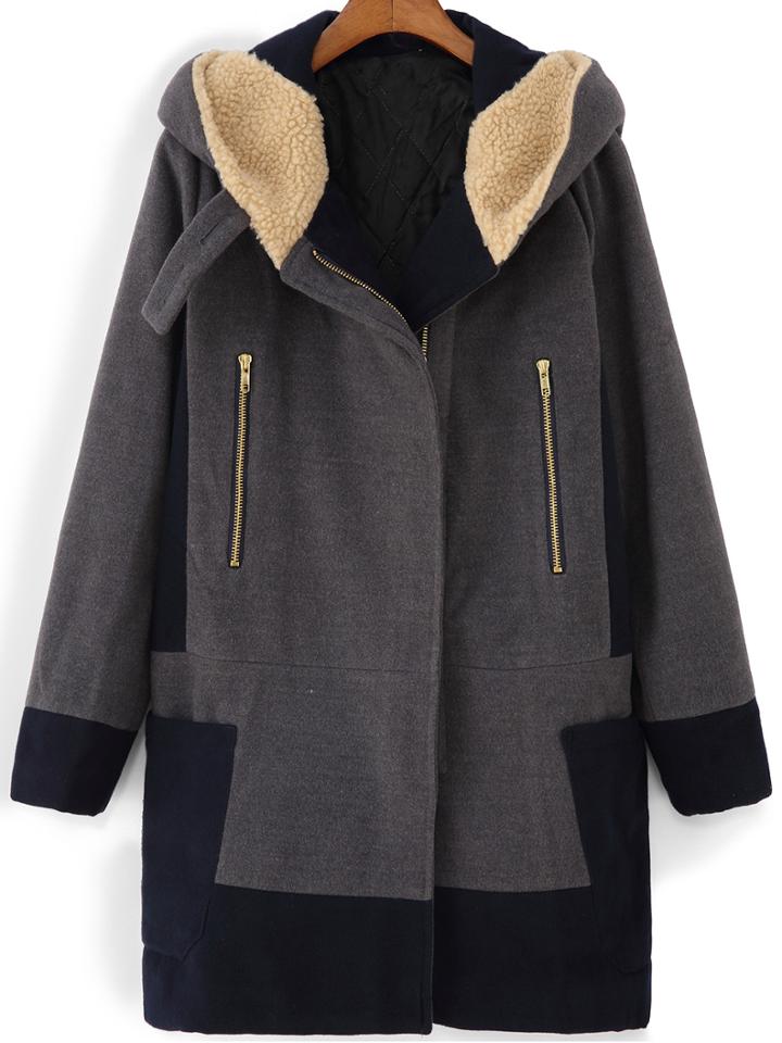 Shein Grey Hooded Zipper Pockets Loose Coat