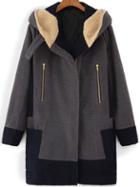 Shein Grey Hooded Zipper Pockets Loose Coat