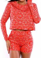 Rosewe Two Piece Printed Red Top And Shorts
