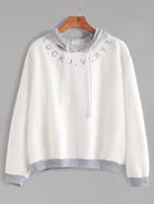 Shein Contrast Trim Hooded Letter Embroidered Sweatshirt