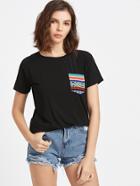 Shein Black Tribal Print Front Pocket Short Sleeve T-shirt
