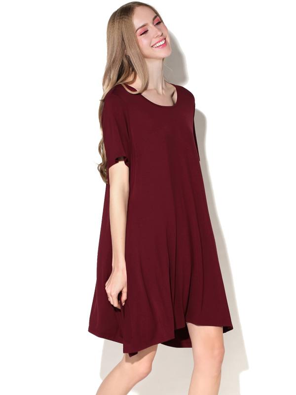 Shein Wine Red Burgandy Round Neck Short Sleeve Casual Dress