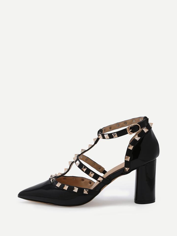 Shein Black Faux Leather Studded Chunky Pumps