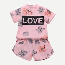 Shein Toddler Girls Letter Print Tee With Shorts