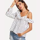 Shein Flounce Trim Cold Shoulder Polka Dot Top