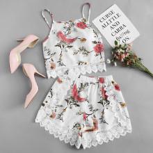 Shein Lace Hem Floral Print Cami Top With Shorts